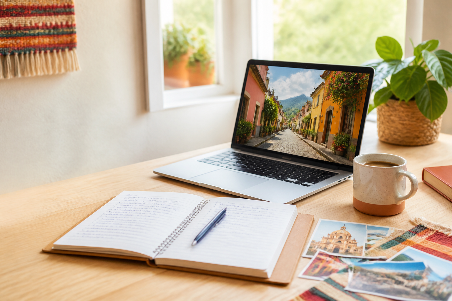 A bright Spanish study desk with a notebook, laptop, coffee, plant, and travel postcards.